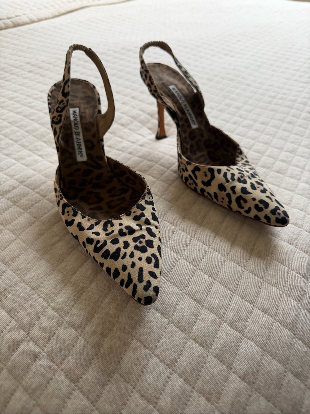 Manolo Blahnik Leopard Print Slingback Pumps in Beige and Black